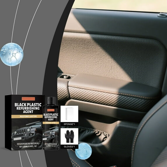 Car Interior Restoration Kit 100ml Black Plastic Cleaner Polish | Dashboard Door Panels Rubber | 2-Step Non-Greasy Formula with Sponge Microfiber