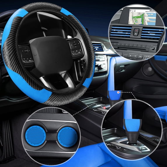 Car Interior Set, Steering Wheel Cover, Shift Knob Cover, Handbrake Cover, Armrest Pad, Cup Holder Mats Blue