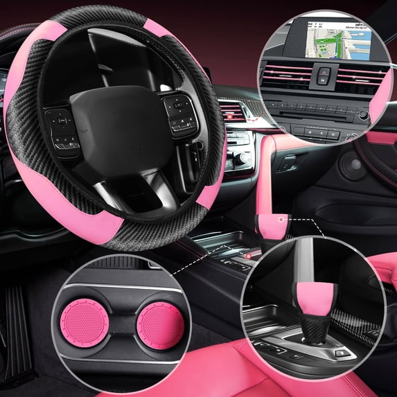 Car Interior Set, Steering Wheel Cover, Shift Knob Cover, Handbrake Cover, Armrest Pad, Cup Holder Mats Pink