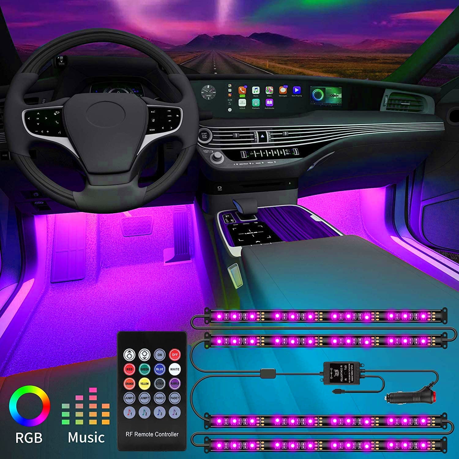  Car LED Strip Light, EJ's SUPER CAR 4pcs 36 LED Car Interior  Lights Under Dash Lighting Waterproof Kit,Atmosphere Neon Lights Strip for  Car,DC 12V(Pink) : Automotive