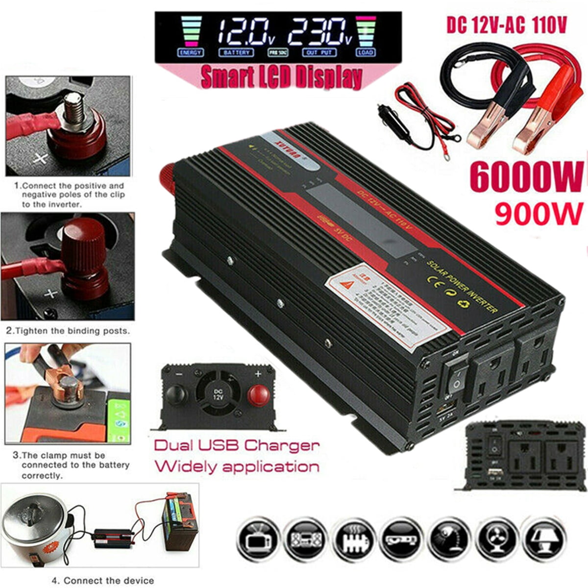 "Car Inverter 6000W, DC 12V to AC 110V Power Inverter with Dual Smart