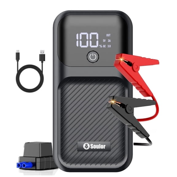 Car Jump Starter, 1000A 12V Car Battery Jump Starter up to 5.0L Gas and 3.5L Diesel Engines Portable Jump Box with 2 USB Ports, LED Lighting, Jumper Cables