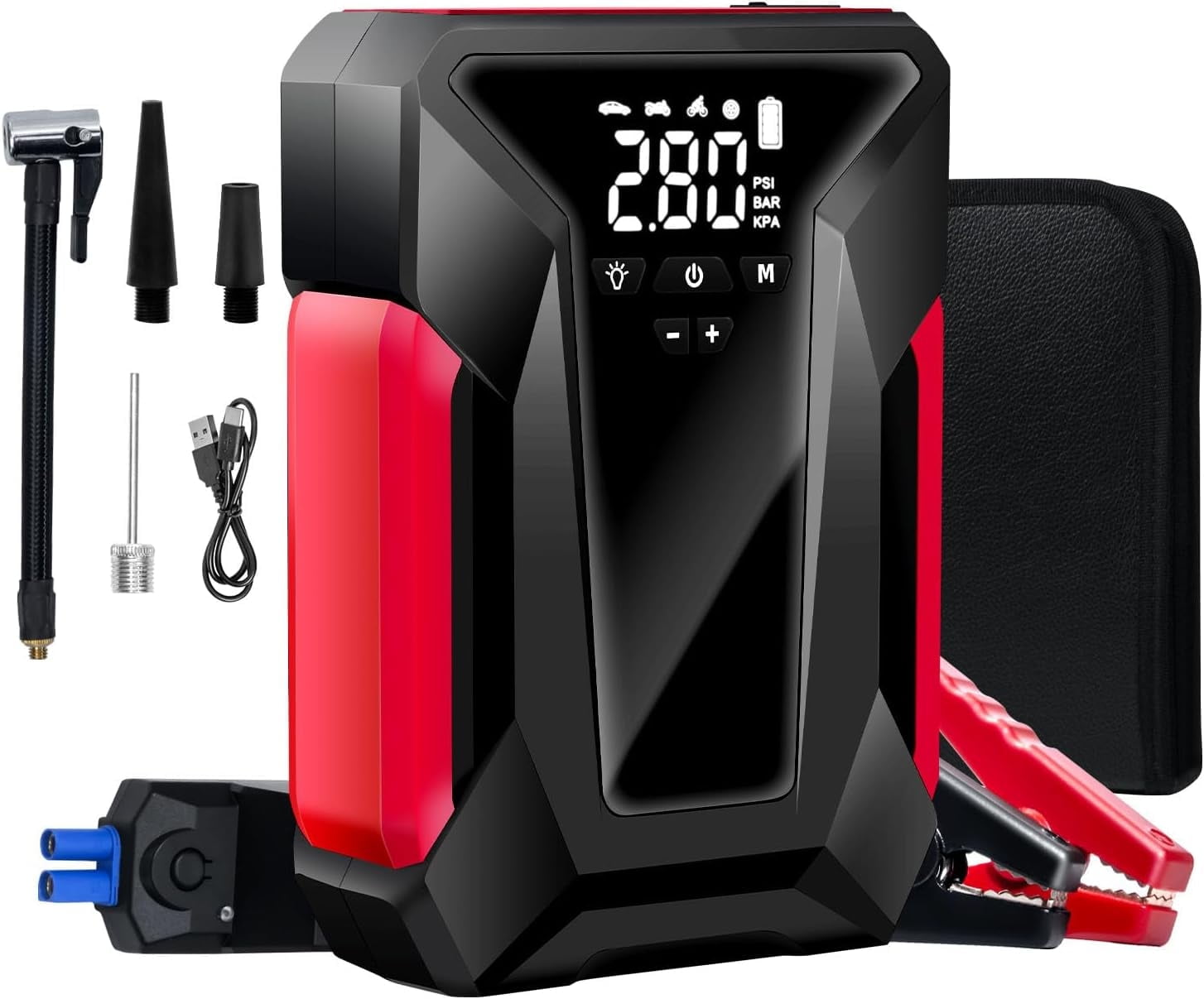 XEENSO Car Jump Starter, 4000A Peak Car Battery Charger with Air Compressor, 12V Jump Box for Car Battery with Emergency LED Light, Power Bank, Leather Storage Bag