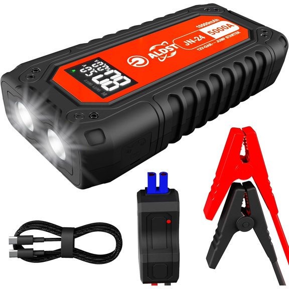 Car Jump Starter 5000A, 45W PD Super Fast Charging Technology, 12V Portable Battery Jumper Booster Box with Cables LED Display Flashlight for 9.0L Gas 8.0L Diesel Engines