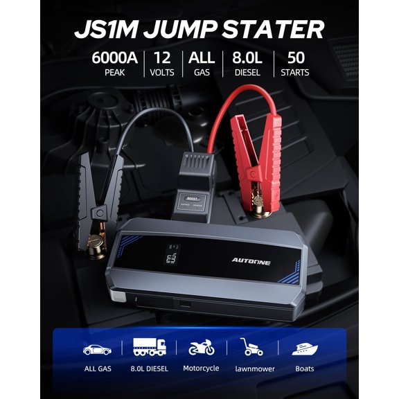 Car Jump Starter 6000A Battery Booster, Portable Battery Pack for All Gas 10L Diesel, 12V Jump Box with Smart Jumper Cable for Car Battery, Vehicle Lithium Starter, LCD Display, w/LED Light