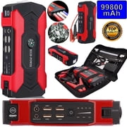 Car Jump Starter, 99800mAh Peak Car Battery Charger, 12V Jump Box Jumper Battery Pack up to 10L Gas or 8.5L Diesel with Portable Charger, Emergency LED Light, Escape Safty Hammer, Compass