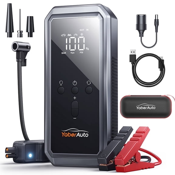 3000A Peak Car Jump Starter, 21800mAh Portable Battery Booster with 150PSI Air Compressor, 12V Jump Box for 9.0L Gas/8.0L Diesel, LCD Display & LED Light