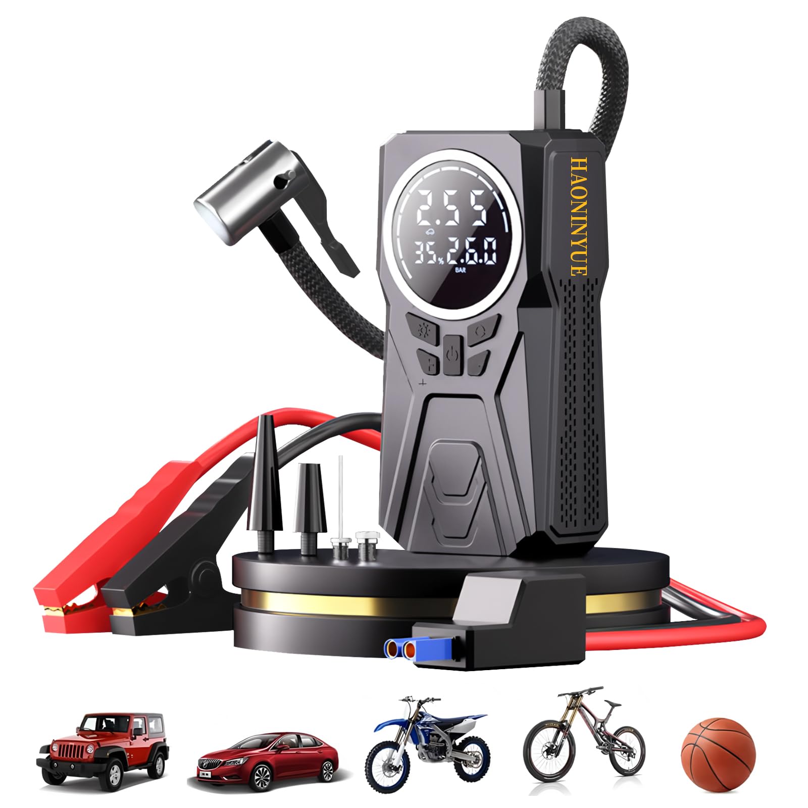 HAONINYUE Car Jump Starter With Air Compressor – 3000A Peak, 150PSI Tire Inflator, 8000mAh, 12V Emergency Power For Cars, Trucks, Boats