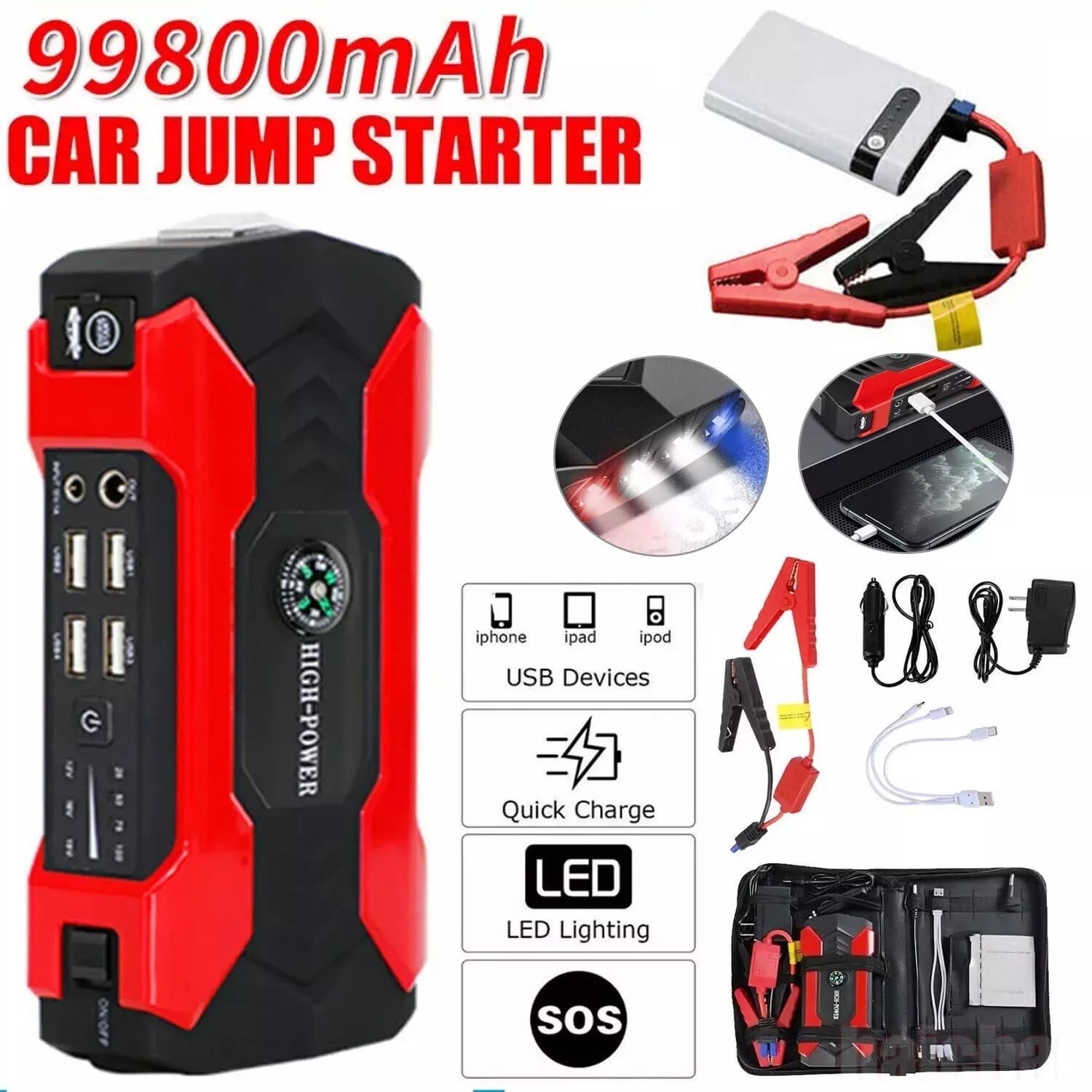 Car Jump Starter Booster Jumper Box Power Bank Battery Charger Portable 99800mAh