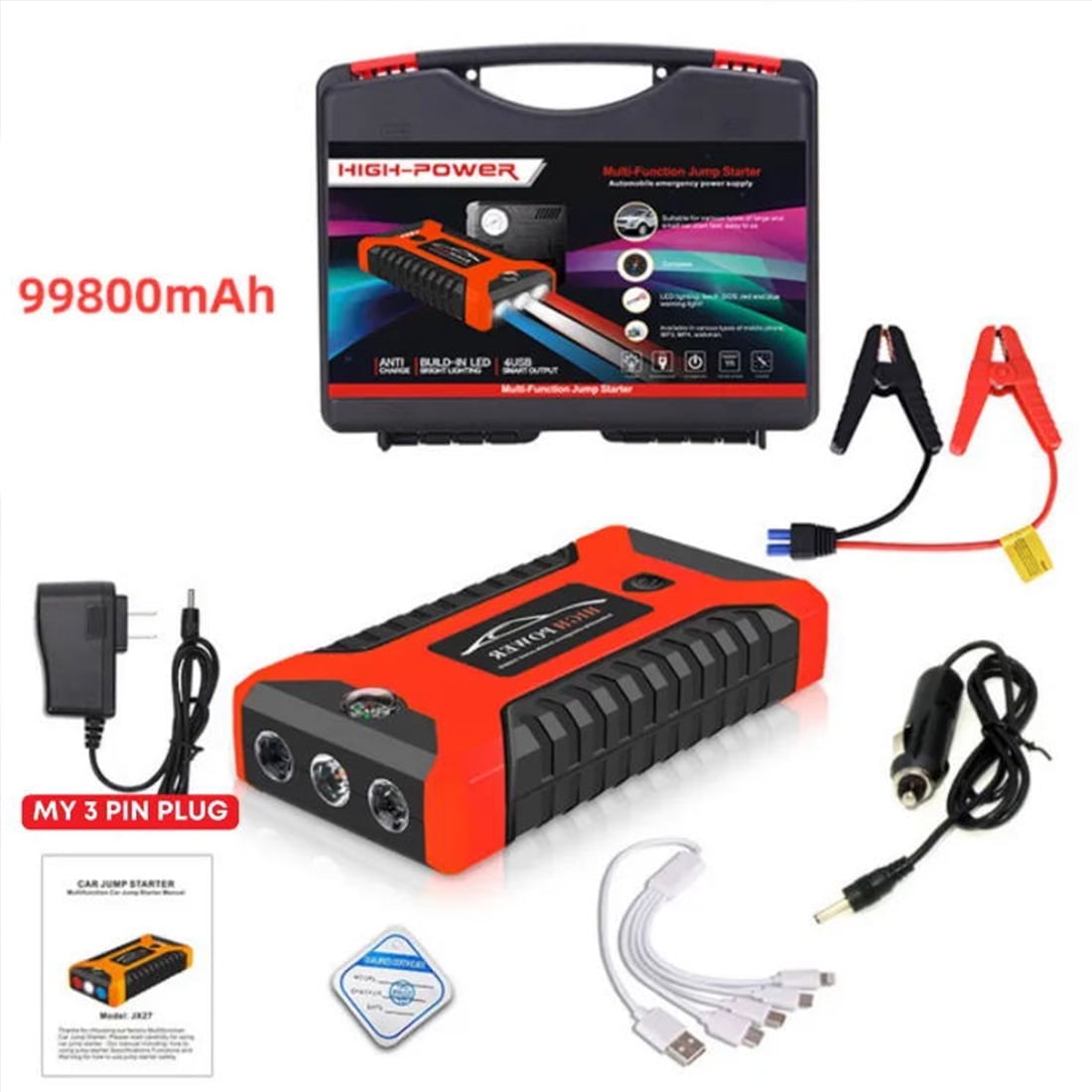 Walmart Car Jump Starter, 5000A Peak 99800mAh, USB Quick Charge, Portable Power Bank, LED Light