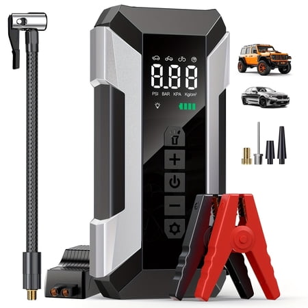 Car Jump Starter With Air Compressor, 150PSI 3000A Portable Car Battery Jump Starter (9.0L Gas/8.0L Diesel), 12V Car Battery Jump Box Jumper Starter With LED Display, Lights