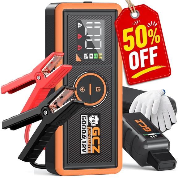 GCZ 6000A Portable Car Jump Starter, 32000mAh Battery Booster with Upgraded Jumper Cables & Multi-Function Protector, 12V Auto Jump Box for All Gas & Up to 10L Diesel Engines, PD65W Fast Charge Input