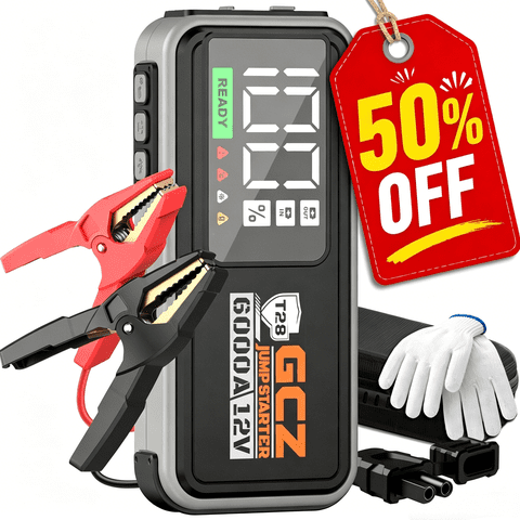 GCZ 6000A Portable Car Jump Starter, 32000mAh Battery Booster for All Gas & Up to 10L Diesel Engines, 12V Auto Jump Box with LED Display, QC3.0 Fast Charging Power Bank, EVA Carrying Case