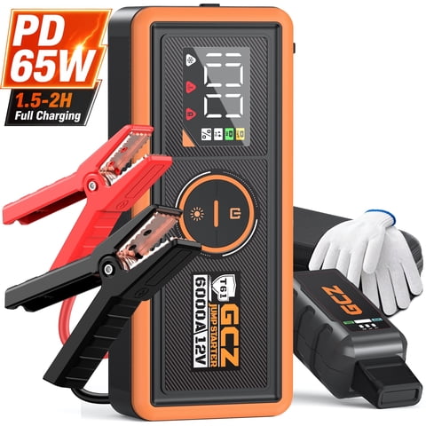 GCZ 6000A Portable Car Jump Starter, 32000mAh Battery Booster with Upgraded Jumper Cable, 12V Auto Jump Box for All Gas & Up to 10L Diesel Engines, PD65W Fast Charge Input & Output