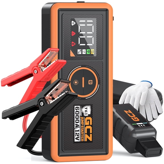 GCZ 6000A Portable Car Jump Starter, 32000mAh Battery Booster with Upgraded Jumper Cable, 12V Auto Jump Box for All Gas & Up to 10L Diesel Engines, PD65W Fast Charge Input & Output