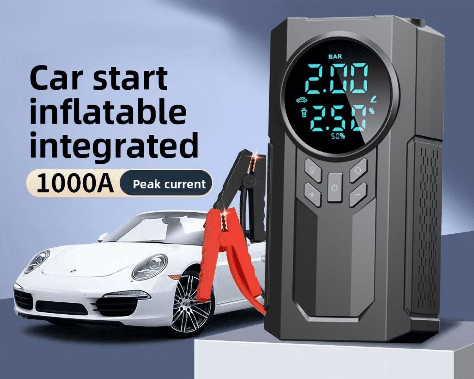Car Jump Starter with Air Compressor 1000A Peak Battery Booster Portable Power Bank with Emergency Light for SUV Truck Motorcycle