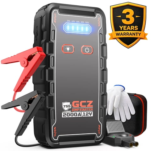 GCZ 2000A Car Jump Starter, Portable Jump Box for Trucks, SUVs & Cars, 12V Battery Booster for Up to 8.0L Gas & 6.0L Diesel Engines, 12000mAh Power Bank with LED Light