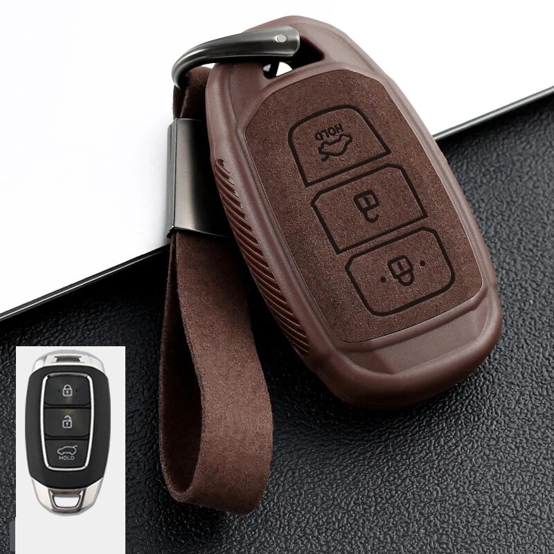 HIBEYO Leather Key Fob Cover For Hyundai Accent, Azera, Elantra, Santa Fe & More (2021-2022) - Hand-Stitched Cowhide Case With Keychain