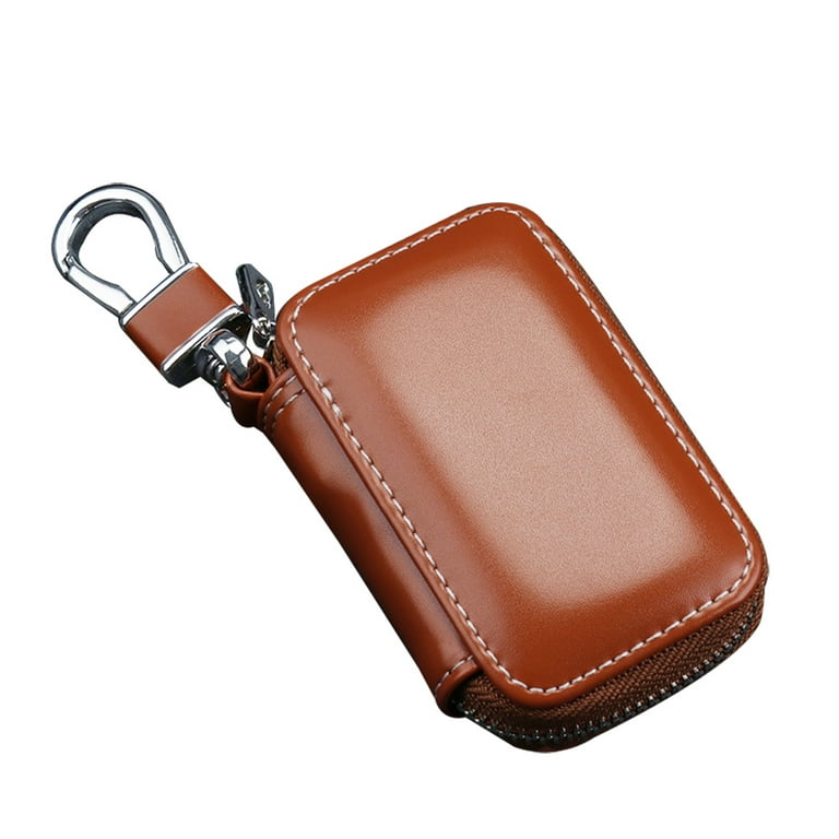 Car Key Case, Genuine Leather Car Smart Key Chain Keychain Holder Metal Hook  and Keyring Zipper Bag for Remote Key Fob 
