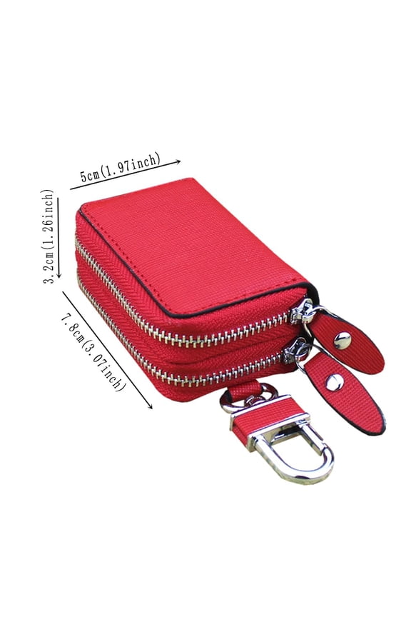Car Key Case Holder Double Zipper, Leather Car Smart Key Fob Case with Keychain for Men and Women Red