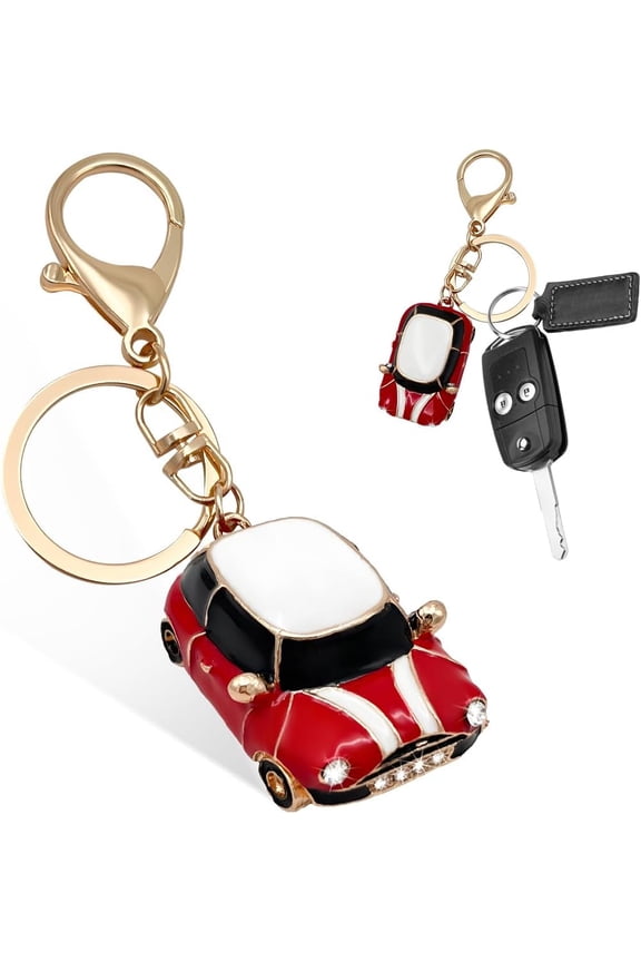 Car Key Chain, Rhinestone Detail 3D Cute Car Model Keychain, Mini Cooper Metal Key Chain with Ring, Car Accessories (3pcs)