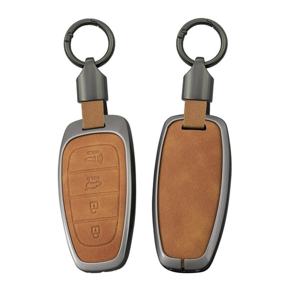 Car Key Shell Case Fit for Hyundai Tucson 2020-up 4-Button Key Cover with Keychain for Solaris Sonata Hybrid Nexo NX4 Santa Fe,Sturdy Metal and Leather Key Fob Protector( 4-btn-klaxon)