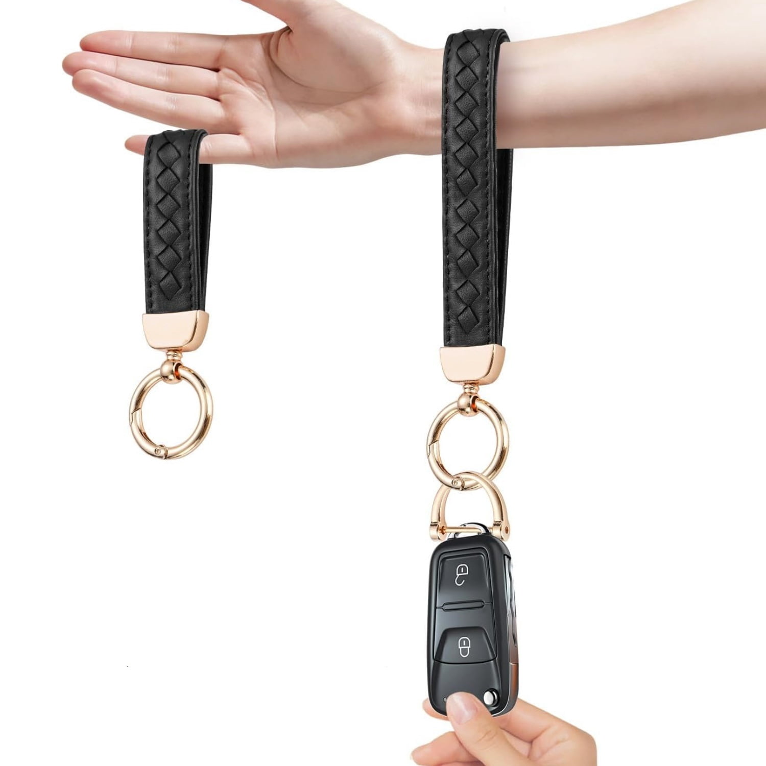 Car Keychain, Universal Key Fob Holder with 360 Degree Rotatable, Anti-Lost D-Ring, 2 Keyrings and 1 Screwdriver – Black