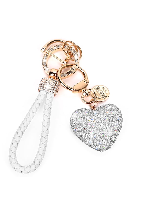Car Keychain for Women,with Rhinestone Heart Shape Bling Keychain for Personalized Gift (A-White)