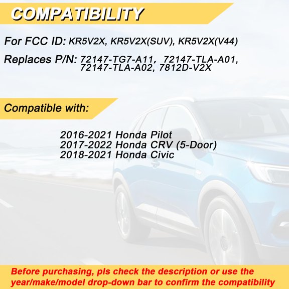 Car Keyless Entry Remote Control 5 Button Replacement for Pilot, CRV, Civic 2016-2021 434 MHz
