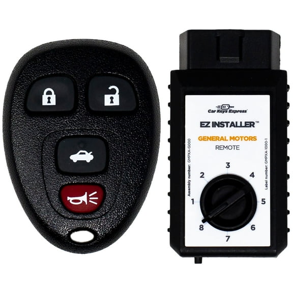 Car Keys Express Replacement GM Remote - 4 Buttons (Lock, Unlock, Panic, and Trunk) Includes Programming device and 3 button pad with Lock, Unlock, and Panic