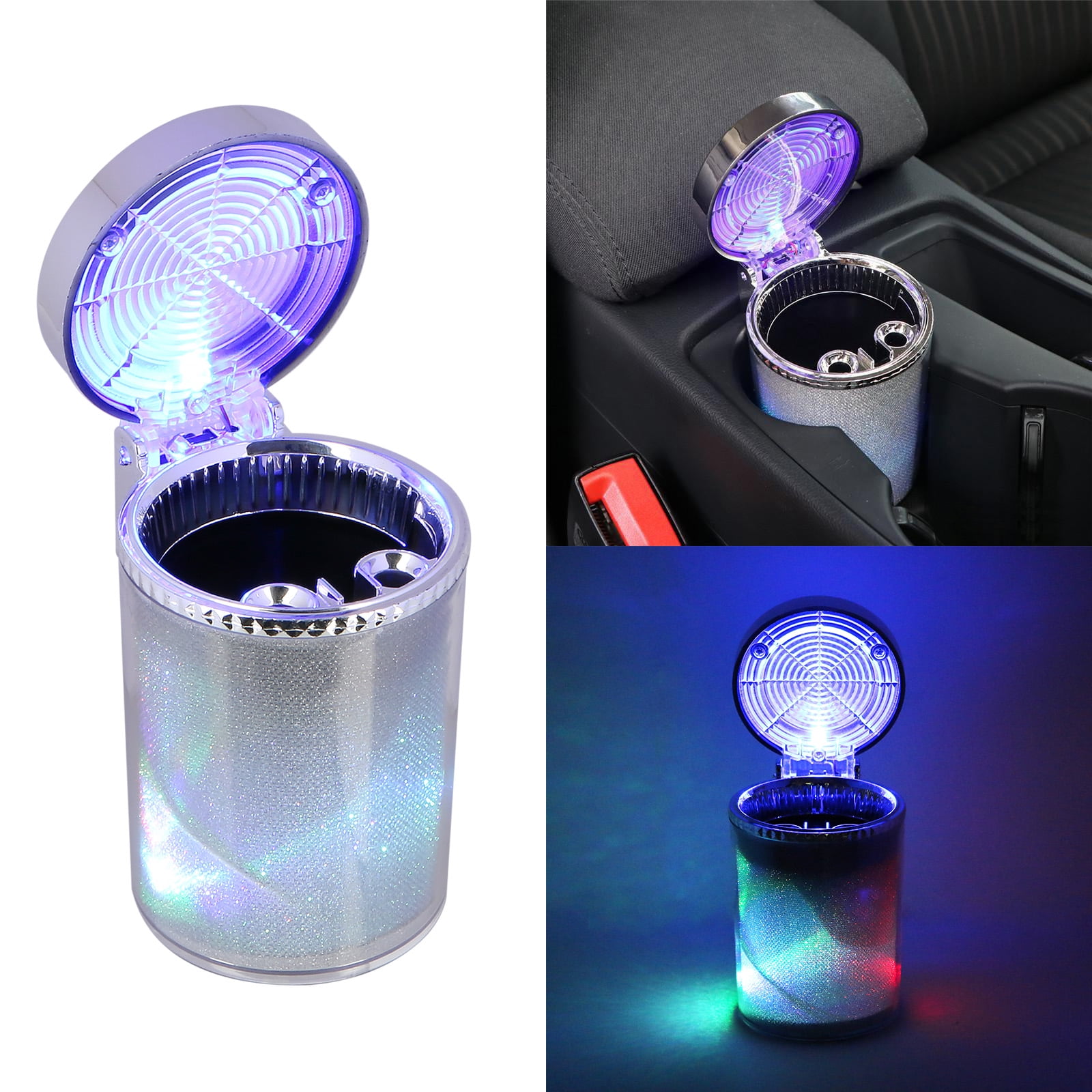 Auto Car Ashtray Portable with Blue LED Light Ashtray Smokeless Smoking  Stand Cylinder Cup Holder (Silver-Black)