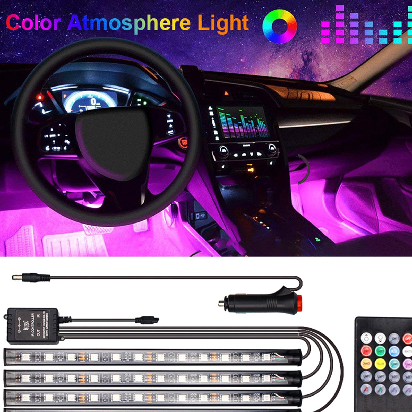 Car LED Light Strip , 4PCS 48LED RGB Car Interior Atmosphere Neon Lights Strip, MultiColor Car