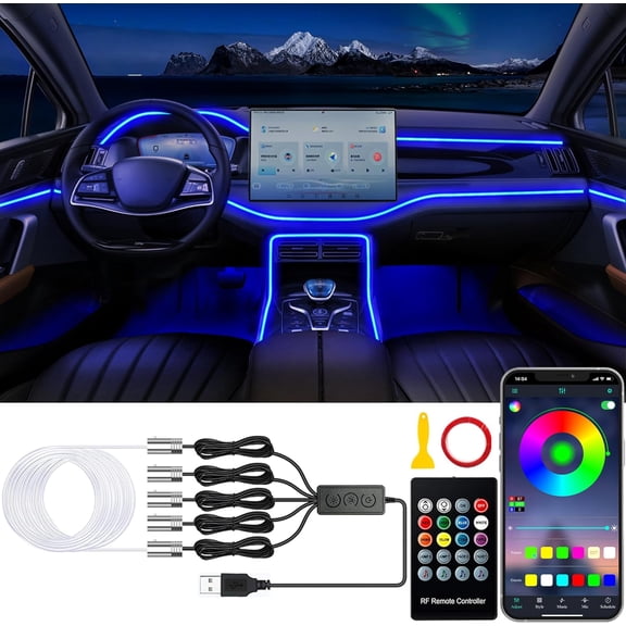 Car LED Lights, Interior Car Lights with Wireless APP/RF Remote/Button Control, Car Ambient Lighting Kit with 236" Integrated Molding Fiber Optic RGB Sync to Music (USB)