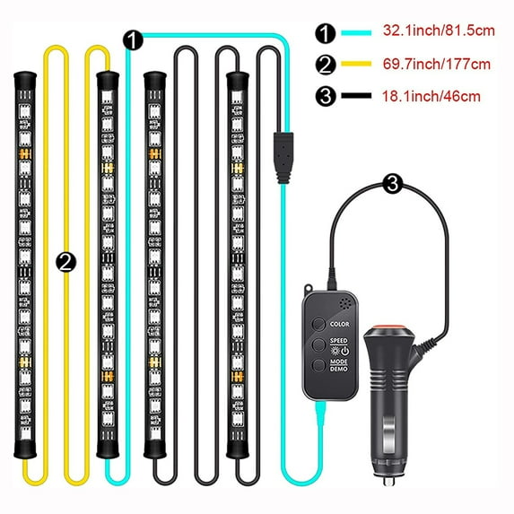 Car LED Lights, Interior Car Lights with App Control, 4pcs 48 LED Lights for Car, DIY Multicolor Music Microphone Control Strips Inside Car, Lighting Kits for Cars, Trucks, SUVs