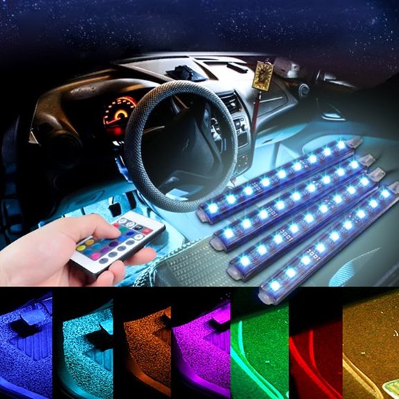 Car LED Strip Light, 4pcs 36 LED Multi-Color Car Interior Lights Under Dash Lighting Waterproof Kit with Multi-Mode Change and Wireless Remote Control, Car Charger Included,DC 12V