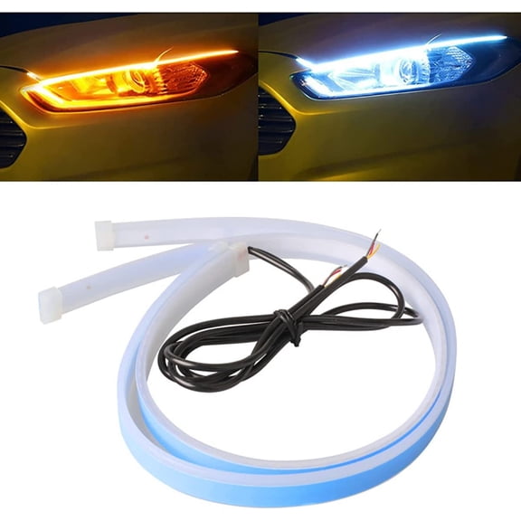 Car LED Strip Lights, 2Pcs 24 Inch Flexible LED Headlight Strips Dual Color White Turn Signal Yellow Lights Waterproof Car Daytime Running Light Strip for Truck SUV