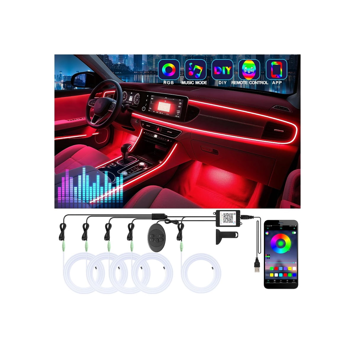 Car LED Strip Lights, App Control Ambient Lighting Kit with RGB 16M ...