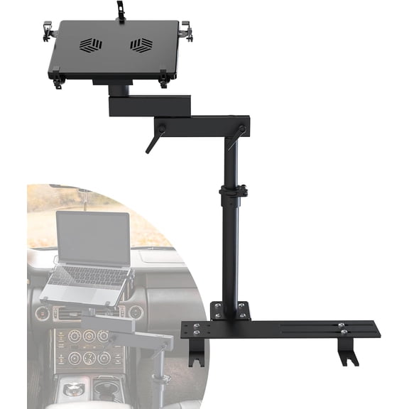 Car Laptop Mount with 2 Cooling Fans, No-Drill Adjustable Vehicle Computer for Trucks, Vans, Heavy Duty Aluminum Holder Work on Go