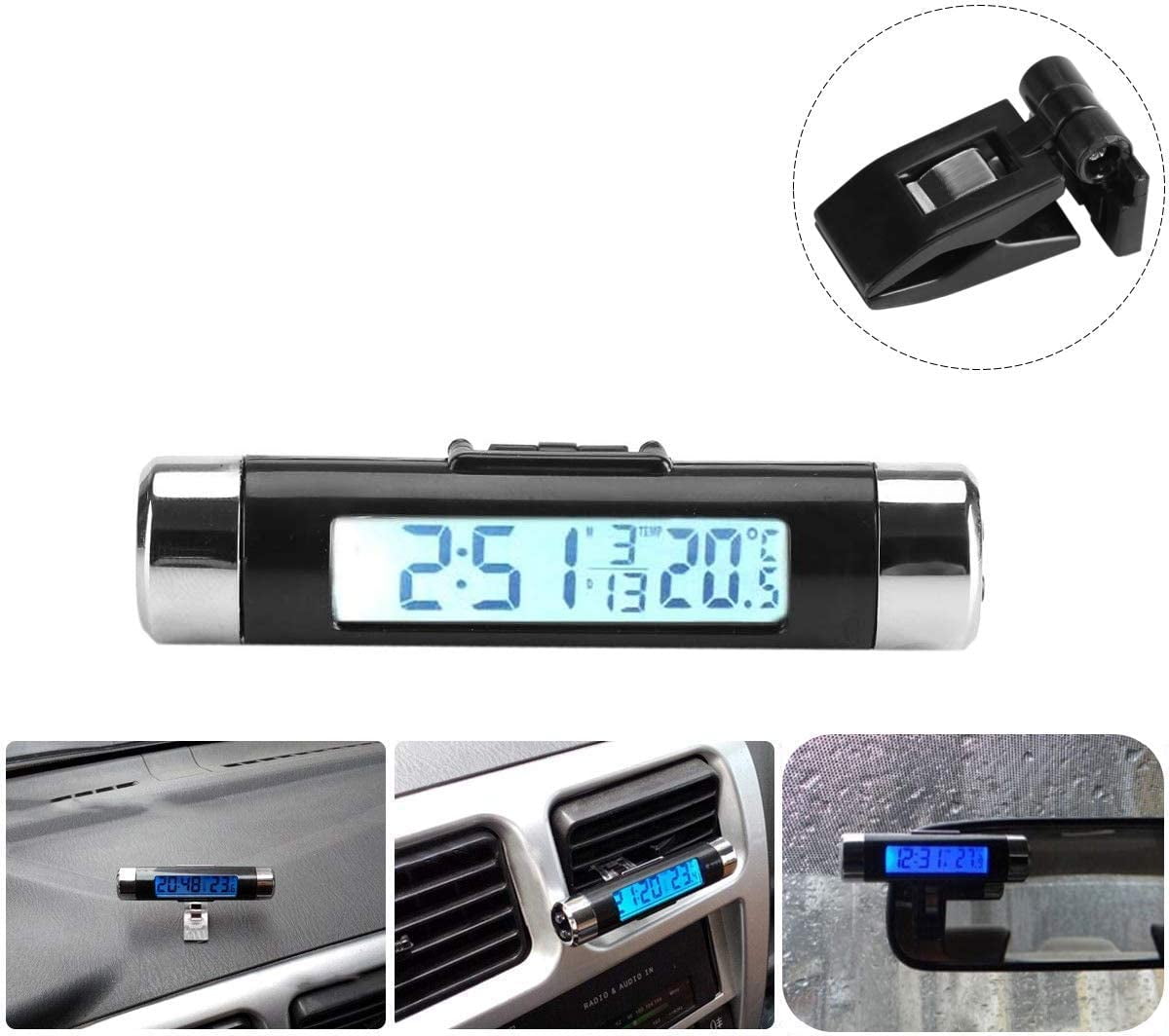 Car Lcd Digital Clip Thermometer Clock Digital Led Car Clock Thermometer Vehicle Dashboard Clock Electronic Time Air Conditioning Vent (Blue Backlight)