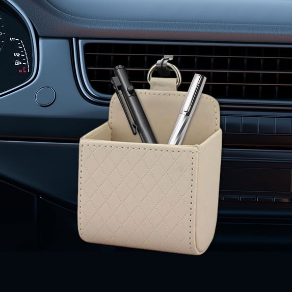 Car Leather Air Vent Phone Holder and Storage Box with Mesh Pocket – Hanging Organizer for Cell Phone, Keys, Cards and Small Items