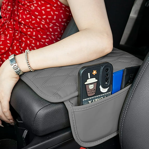 Car Leather Armrest Protector, Durable Pillow with Side Organizer Bag, Comfortable Cushion for Armrest, Easy Installation, Suitable for Most Car Models