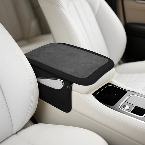 Car Leather Center Console Cover with 2 Storage Bags, Universal Furry Fluffy Car Armrest Seat Box Pad, Comfortable Car Interior Accessories, Fits for Most Vehicles (Black)