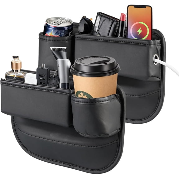 2PCS Car Leather Cup Holder Gap Bag, New Car Seat Gap Filler Organizer with Cup Holders, Console Organizer for Phone, Keys and Small Items, Universal Fit Essentials for SUV, Truck & Sedan