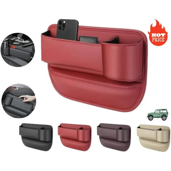 Car Leather Cup Holder Gap Bag,Seat Gap Storage Box,Adjustable Car Seat Storage Box,Leather Cup Holder Gap Bag with Cup Holder for Phones Glasses Keys Cards (Red,B)