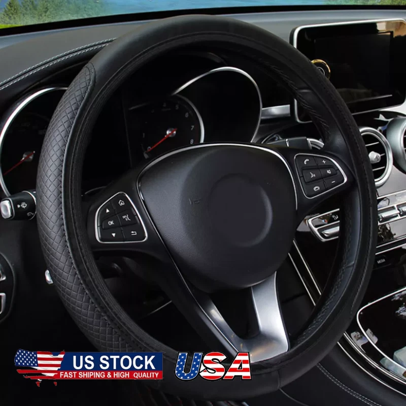 Car Leather Steering Wheel Cover Good Grip Car Accessories For 15"/37-38Cm Black