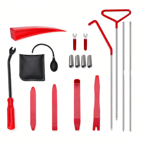 Car Long Reach Tool Kit with Air Wedge Pump Bag Grabber Hook Rods and Trim Removal Tools for Auto Emergency Assistance