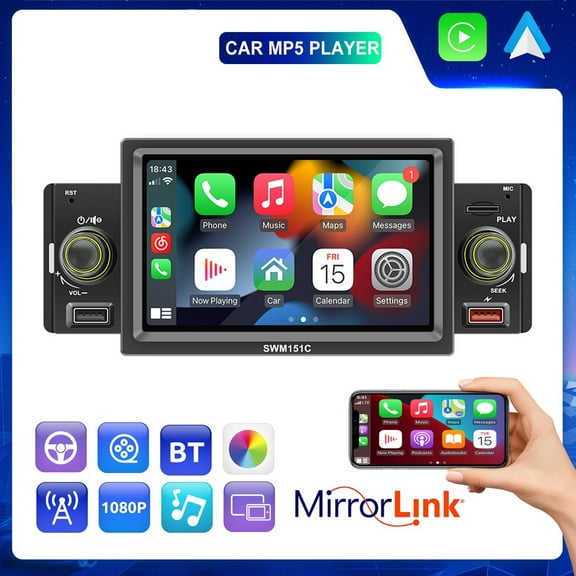 Car MP5 Player Music Video Player 5 Inches Clear Screen Touch Screen Control Auto Player Bluetooth Hands-Free Car Reverse View USB Fast Charging for Android/iPhone Phones Type 1