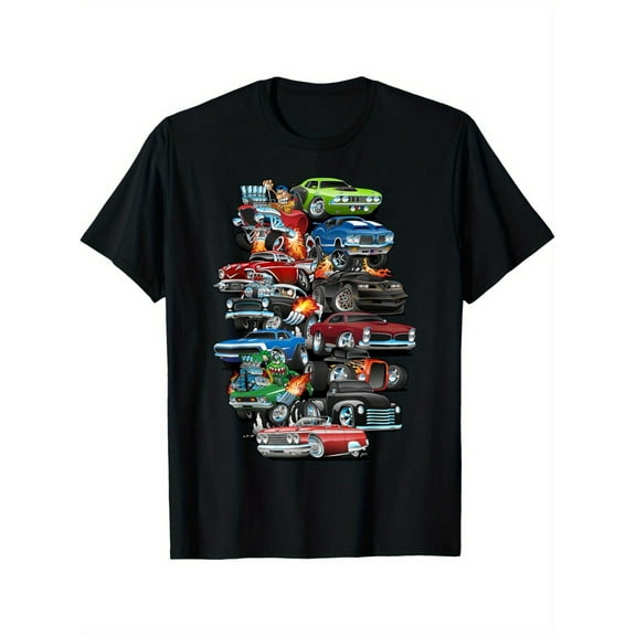 Car Madness! Muscle Cars, Classic Cars And Hotrods Cartoon T-shirt 220g