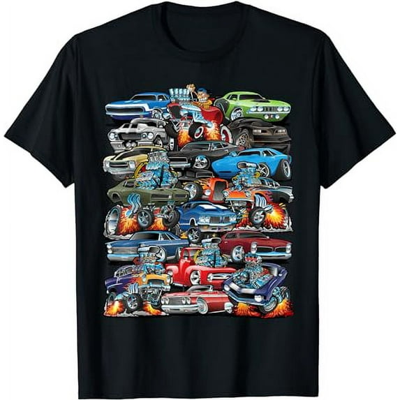 Car Madness Muscle Cars, Classic Cars and Hot Rods Cartoon T-Shirt