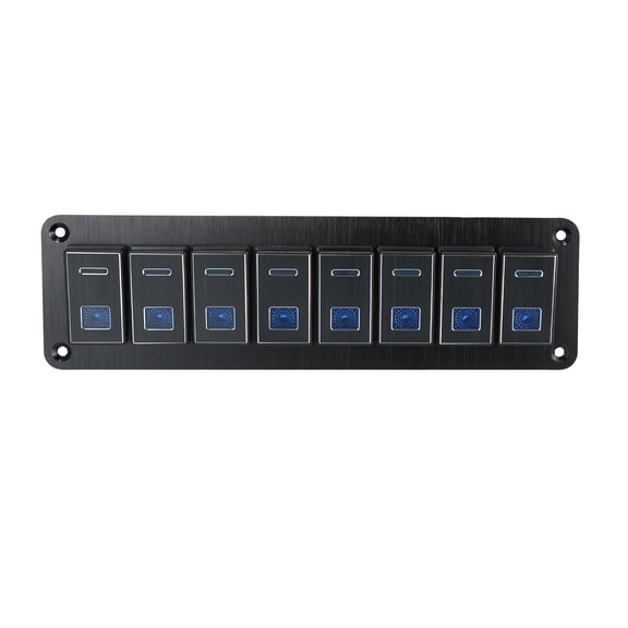 Car Marine Boat 8 Gang 5 Pin Toggle Rocker Switch Panel 12V/24V Circuit Breaker Blue LED Indicator Aluminum Alloy Black